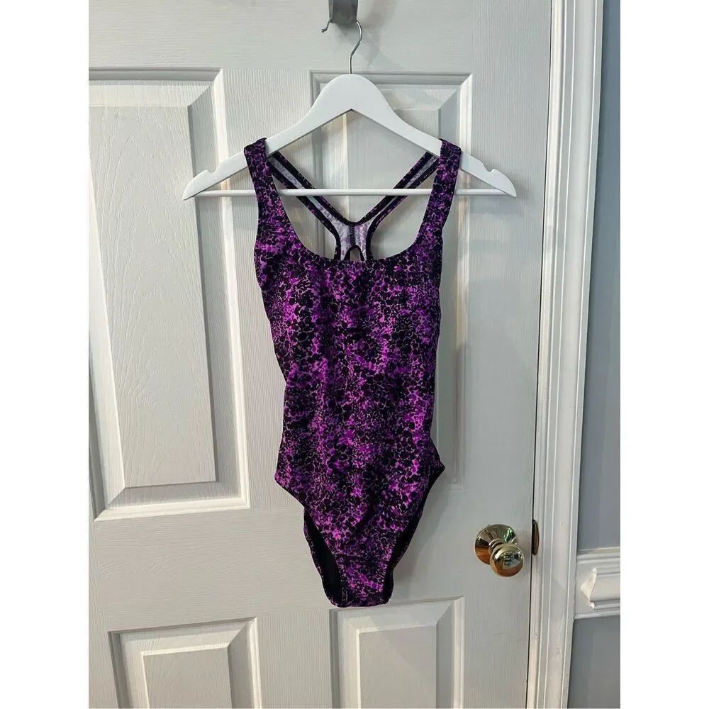 Speedo Purple & Black Print Racerback One Piece Swimsuit Sz 6 NWOT